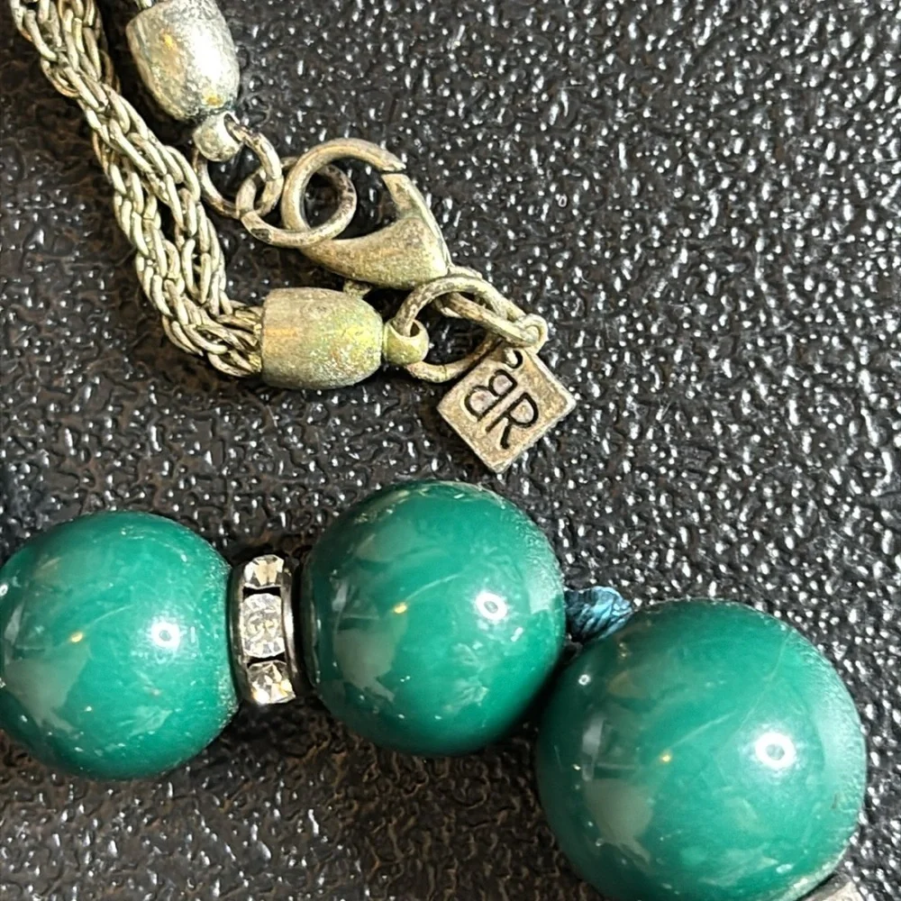 Banana Republic Silver Tone Rope Chain Green Beaded Rhinestone Long Necklace​ - Picture 5 of 7